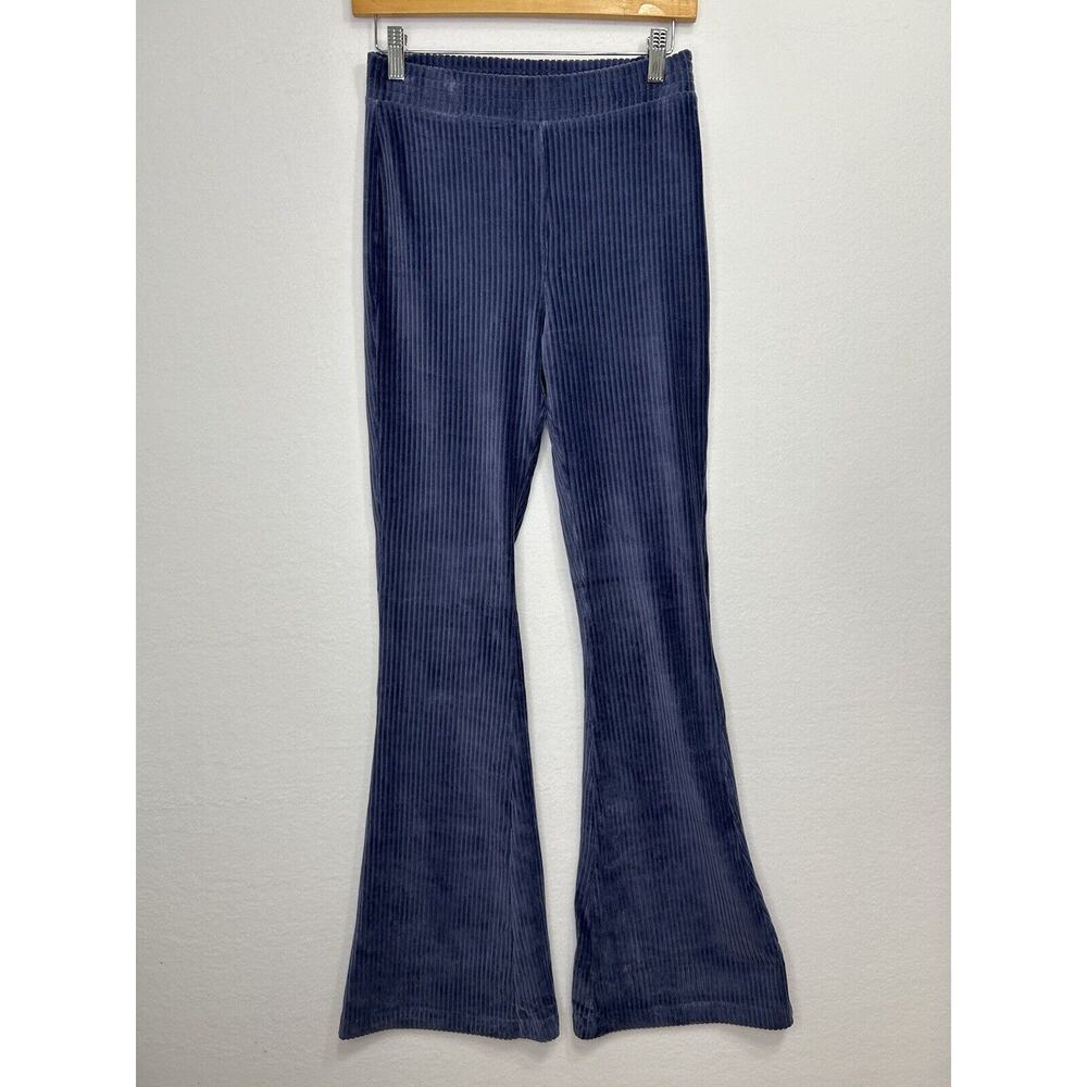 Aerie Pants Womens S Long Blue Groove On Rib Velour Flare Hi Rise Pull On